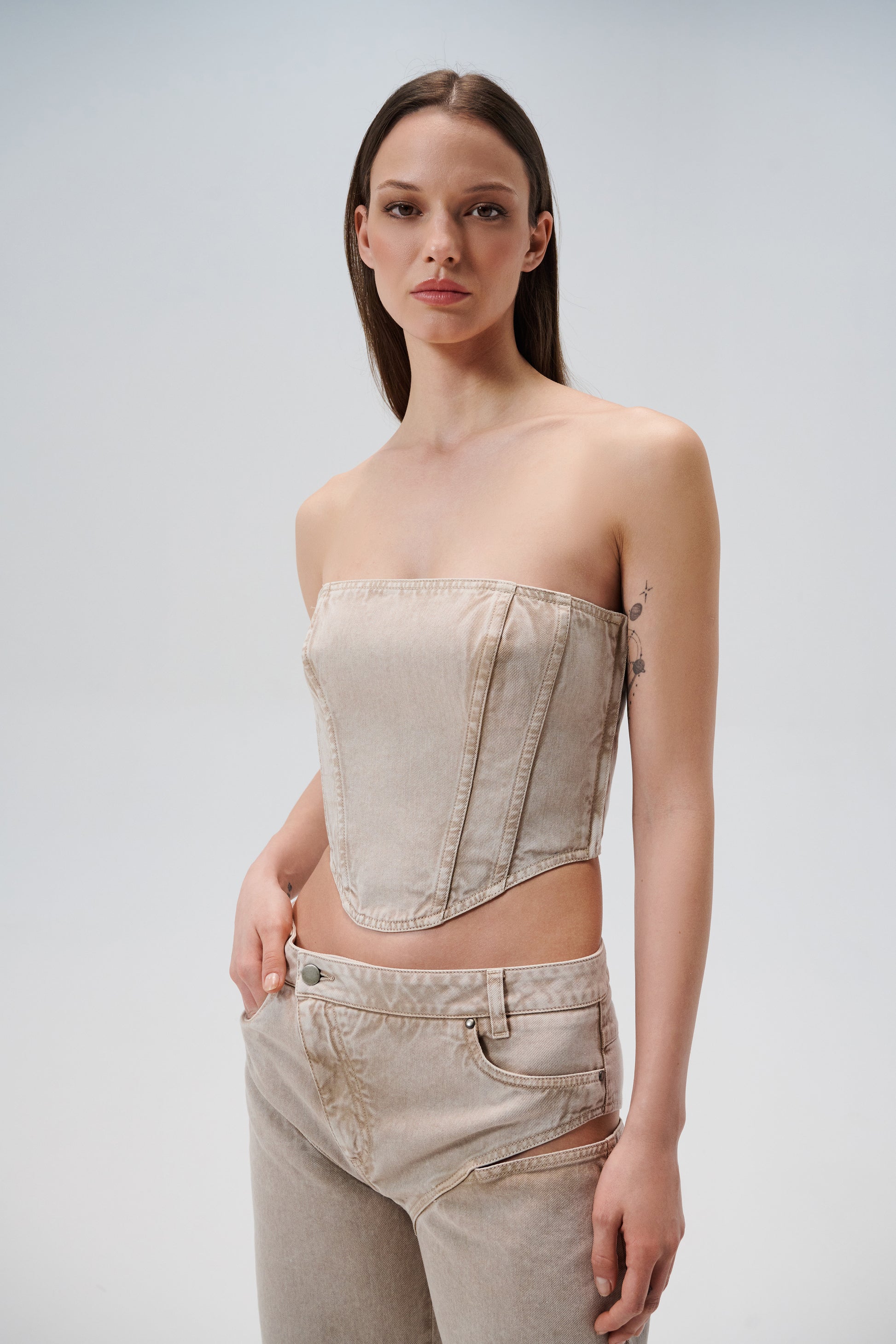 Fitted denim corset in sand - Aerenica